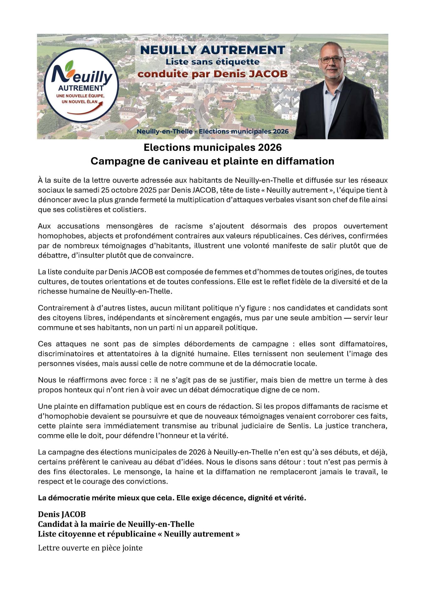 27 10 2025 campagne de caniveau et plainte en diffamation